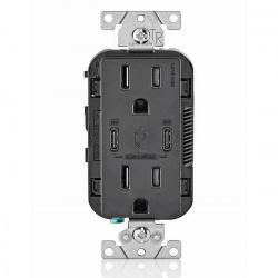 Leviton Tomacorriente Industrial T5635-00E, 2 Enchufes + 2 USB-C, 125V, 15A, Negro 