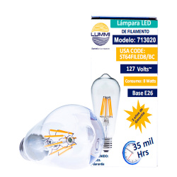 Lummi Foco Vintage LED ST64 , Luz Suave Cálida, Base E27, 8W, 820 Lúmenes, Ámbar, Transparente 