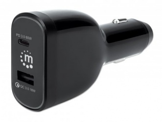 Manhattan Cargador para Auto 102445, 20V, 1x USB-C, 1x USB-A, Negro 