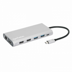 Manhattan Docking Station 130660 USB C, 4x USB, 2x USB C, 3x HDMI, 1x RJ-45, 1x SD, 1x Micro SD, Gris 