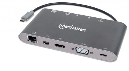 Manhattan Docking Station 152808 USB C, 3x USB 3.0, 1x USB C, 1x HDMI 1x VGA, Plata 