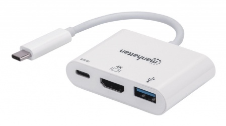 Manhattan Hub USB 3.2 Macho - 2x USB 3.2/1x HDMI Hembra, 5000 Mbit/s, Blanco 