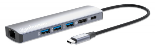 Manhattan Hub USB-C Macho - 3x USB 3.0, 1x USB-C, 1x HDMI 1x RJ-45, Gris 