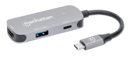 Manhattan Hub USB-C Macho, 1x HDMI 1x USB-A 3.2, 1x USB-C PD, 5 Gbit/s, Gris 