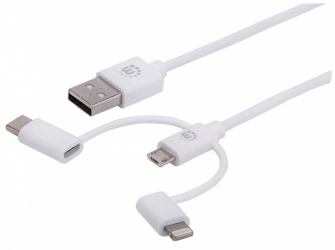 Manhattan Cable USB A - Micro USB B/USB C/Lightning Macho, 1 Metro, Blanco 