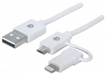 Manhattan Cable de Carga 2 en 1 iLynk, USB A Macho - micro-USB B Macho/Lightning Macho, 1 Metro, Blanco, para iPhone/iPad/Smartphone/Tablet 