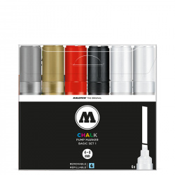 Molotow Set Marcador de Tiza Líquida Chalk, 6 Piezas, 4-8mm, Rellenable, Plata/Dorado/Rojo/Negro/Blanco 