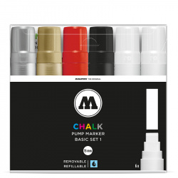 Molotow Set Marcador de Tiza Líquida Chalk, 6 Piezas, 15mm, Rellenable, Plata/Dorado/Rojo/Negro/Blanco 
