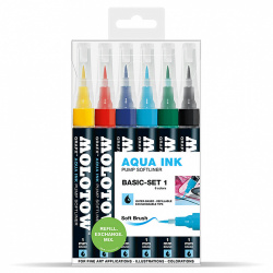 Molotow Set de Marcador Acuarelable Aqua Ink, 6 Piezas, 1mm, Rellenable, Amarillo/Rojo/Azul/Verde/Negro/Cian 