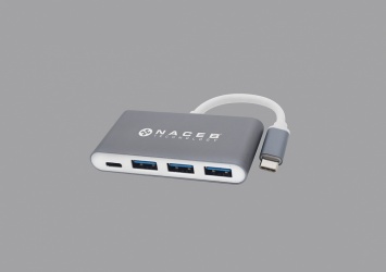 Naceb Hub USB-C Macho - 3x USB-A Hembra, 1x USB-C Hembra, Plata 