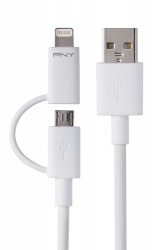 PNY Cable de Carga 2 en 1 USB A Macho - Micro USB/Lightning Macho, Blanco, para iPhone/iPad/Smartphone 