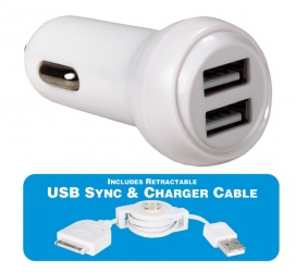 QVS Kit de Cargador para Auto y Cable Retráctil, 5V, 2x USB 2.0, Blanco 
