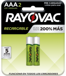 Rayovac Pila Recargable AAA, 600mAh, 2 Piezas 