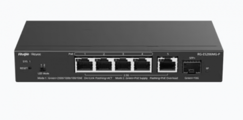 Switch Ruijie RG-ES206MG-P, 4 Puertos 2.5G Ethernet 100/1000/2500 4 x PoE+ 67W 4 x PoE+ 67W, 1 Puertos SFP+, 45 Gbit/s, Administrado 