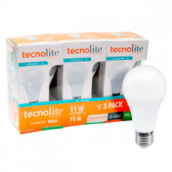 Tecnolite Foco LED A19, Luz de Día, Base E27, 11W, 1000 Lúmenes, Blanco, 3 Piezas, Equivale a un Foco Tradicional de 75W 