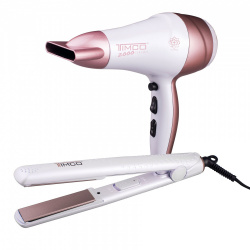 Timco Kit Secadora y Plancha de Cabello COM-08, 2 Velocidades, Blanco/Rosa 