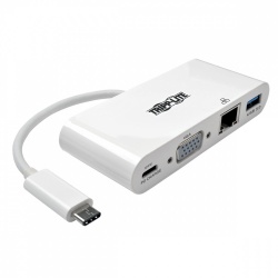 Tripp Lite Adaptador USB-C Macho - VGA Hembra con Hub USB-A, 1x RJ-45, Blanco 