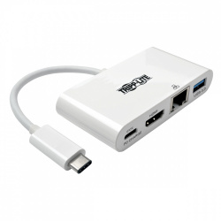 Tripp Lite by Eaton Adaptador USB-C Macho - HDMI Hembra con Hub USB-A, 1x RJ-45, Blanco 