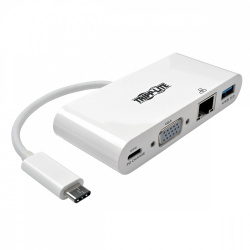 Tripp Lite by Eaton Adaptador USB-C Macho - VGA Hembra con Hub USB-A, 1x RJ-45, Blanco 