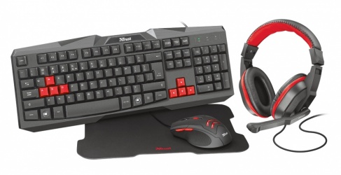 Kit Gamer de Teclado y Mouse Trust incluye Teclado + Mouse + Audifonos + Mousepad, Alámbrico, USB, Negro/Rojo (Español) 