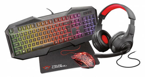 Kit Gamer de Teclado, Mouse, Audífonos y Mousepad Trust GXT 1180RW, Alámbrico, USB/3.5mm, Negro/Rojo (Español) 