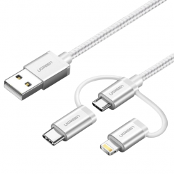 Ugreen Cable USB A Macho - Micro USB/Lightning/USB C, 1 Metro, Plata 