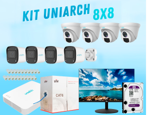 Uniarch Kit de Vigilancia 8 2MP de 4 Cámaras IPC Bullet, 4 Cámaras IPC Domo y 8 Canales, con Grabadora, Disco Duro, Bobina, 20 Conectores y Monitor de 24