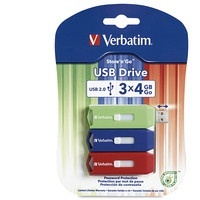 Memoria USB Verbatim Store 'n' Go, 4GB, USB 2.0, Multicolor, 3 Piezas 