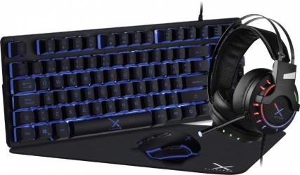 Kit Gamer de Teclado y Mouse XZEAL incluye Teclado XST-200 + Mouse XST-200 + Diadema RGB + Mousepad, Alámbrico, USB, Nergro (Español) 