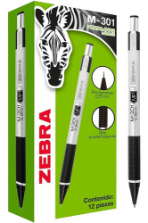 Zebra Lapicero Cuerpo Acero Inoxidable M-301, Punto Fino, 0.5mm, Negro, 12 Piezas 