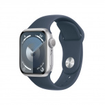 Apple Watch Series 9 GPS, Caja de Aluminio Color Plata de 41mm, Correa Deportiva M/L Color Azul Tormenta
