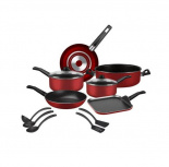 Ekco Batería de Cocina 902015, Aluminio, Antiadherente, 14 Piezas, Negro/Rojo