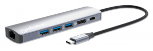 Manhattan Hub USB-C Macho - 3x USB 3.0, 1x USB-C, 1x HDMI 1x RJ-45, Gris