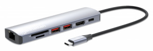 Manhattan Hub USB-C Macho - 2x USB-A, 1x USB-C, 1x HDMI 1x RJ-45, 1x SD, 1x, Micro SD, Gris