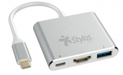 Stylos Hub USB C Macho - 1x USB C, 1x USB 3.0, 1x HDMI Hembra, 5000 Mbit/s, Plata