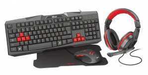 Kit Gamer de Teclado y Mouse Trust incluye Teclado + Mouse + Audifonos + Mousepad, Alámbrico, USB, Negro/Rojo (Español)
