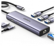 Ugreen Hub USB-C Macho, 3x USB 3.0, 1x USB-C PD, 1x HDMI, 1x RJ-45, 5 Gbit/s, Gris