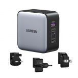 Ugreen Cargador Universal de Viaje 90409, 65W, 2x USB-C, 1x USB-A - Incluye  3 Enchufes Internacionales (EU/UK/US)