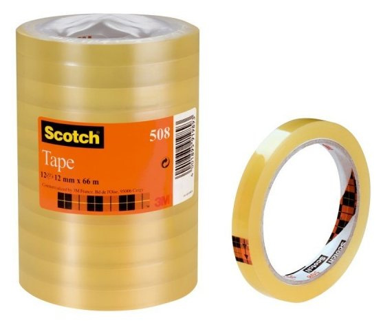 3M Cinta Adhesiva 508 Scotch, Rollo de 12mm x 65 Metros, Transparente, 8 Piezas