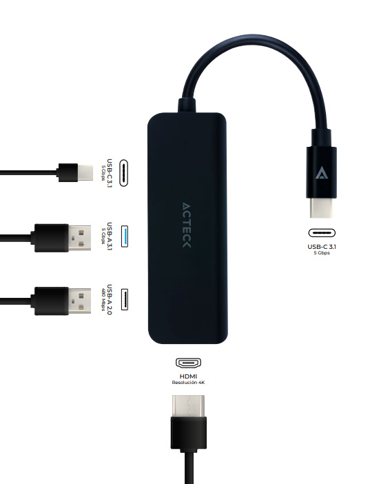 Acteck Hub USB C 3.1 Macho - 1x USB 3.0, 1x USB A 2.0 A, 1x USB C, 1x HDMI Hembra, 10.2Gbit/s, Negro
