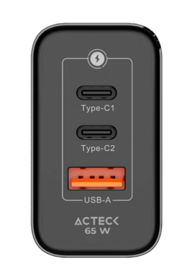 Acteck Cargador de Pared CP65W, 65W, 1x USB-A/2x USB-C, Negro