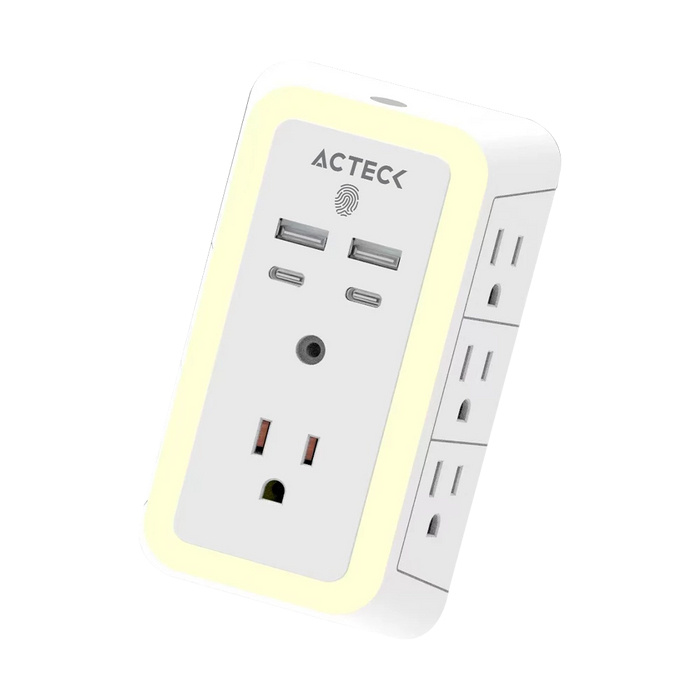 Acteck Multicontactos Energon Lumina CP515, 7 Contactos + 2x USB-A + 2x USB-C, 125V, Blanco