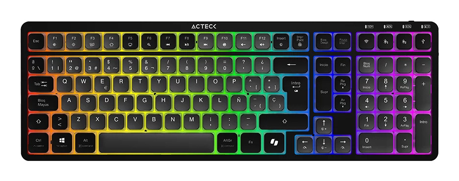 Teclado Acteck Techno Pro TI790 LED RGB, Teclado Mecánico, Clicky Purple, Inalámbrico, RF Inalámbrico/Bluetooth, Negro, Español