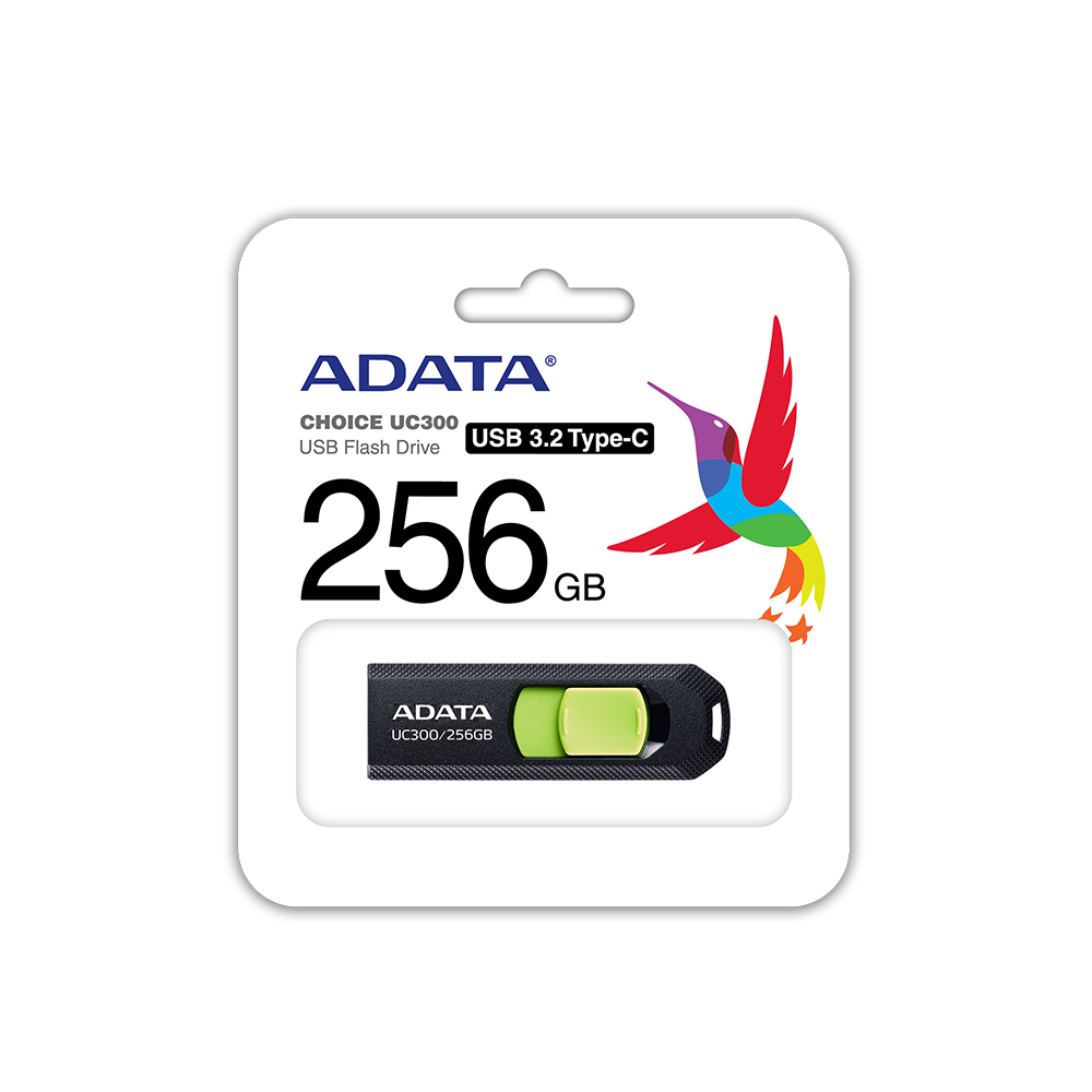 Memoria USB Adata UC300, 256GB, USB C, Lectura 100MB/s, Negro/Verde