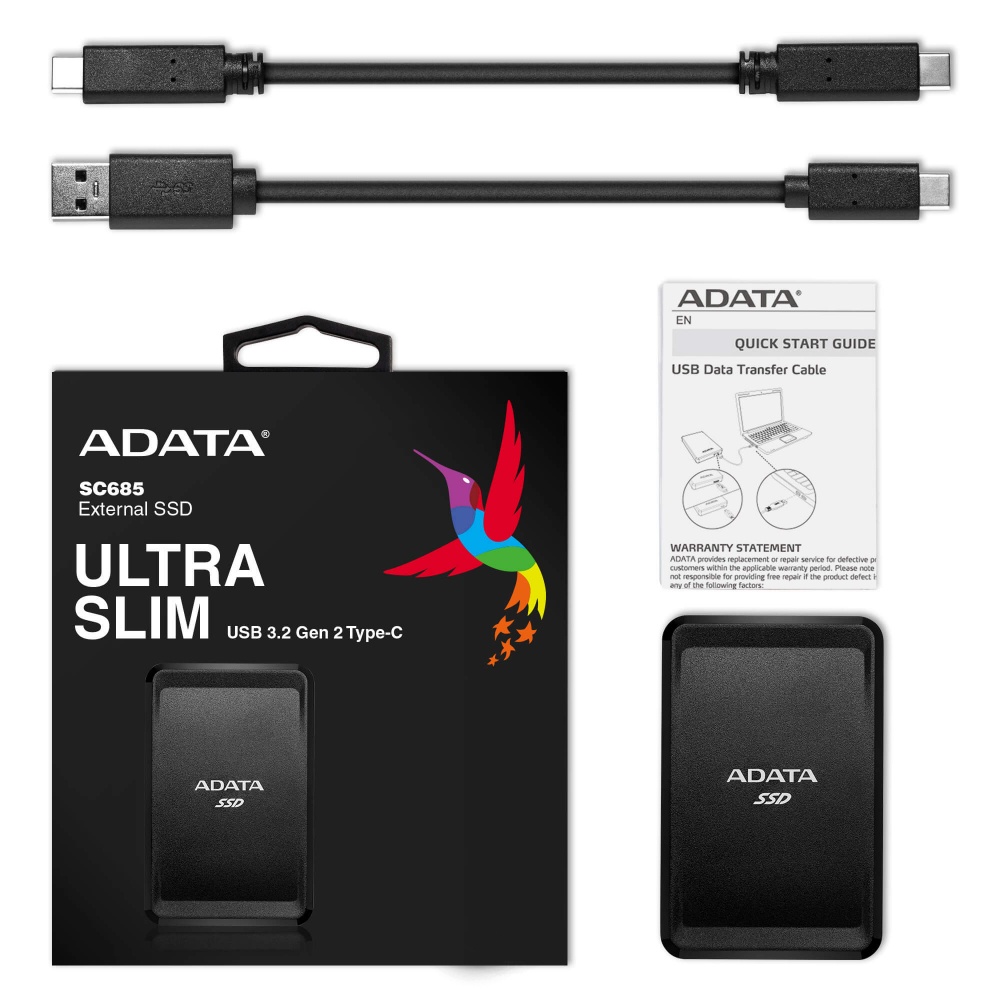 SSD Externo Adata SC685 Ultra Slim, 500GB, USB C, Negro, A Prueba de Golpes - para Mac/PC