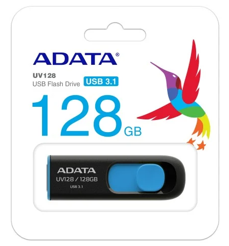 Memoria USB Adata UV128, 128GB, USB-A 3.0, Lectura 90MB/s, Escritura 40MB/s, Negro/Azul