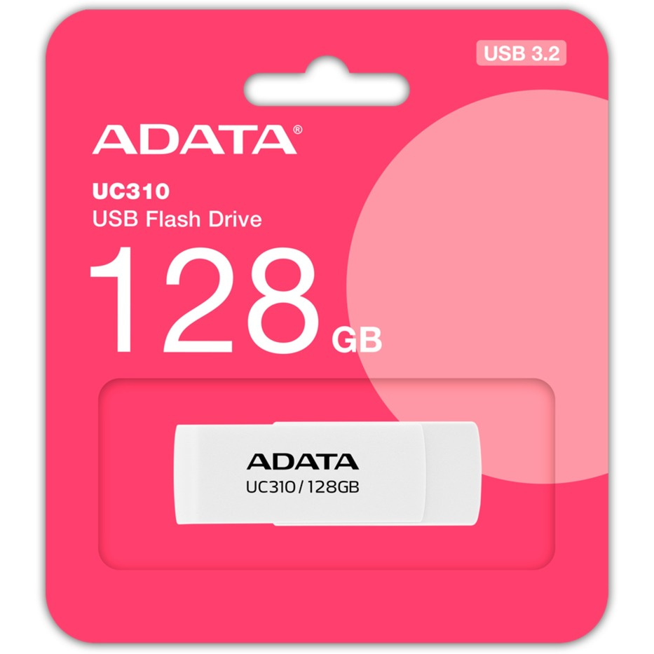 Memoria USB Adata UC310, 128GB, USB 3.2, Lectura 100 MB/s, Blanco
