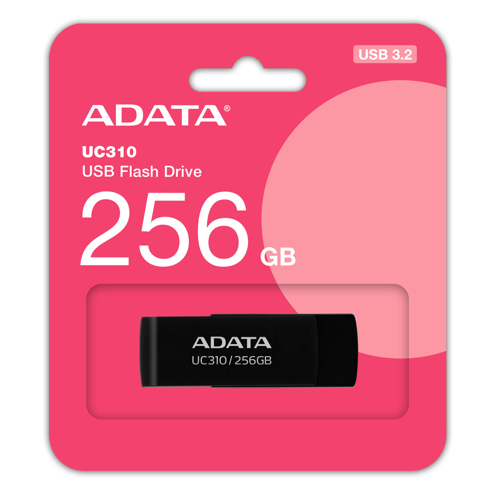 Memoria USB Adata UC310, 256GB, USB 3.2, Lectura 100 MB/s, Negro