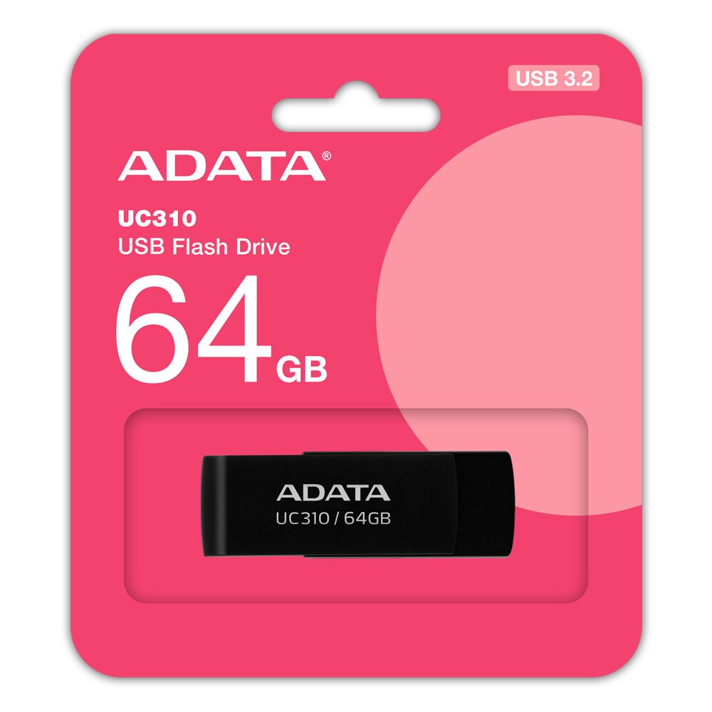 Memoria USB Adata UC310, 64GB, USB 3.2, Lectura 100 MB/s, Negro