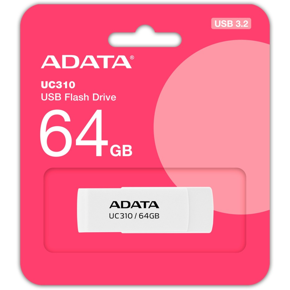 Memoria USB Adata UC310, 64GB, USB 3.2, Lectura 100 MB/s, Blanco